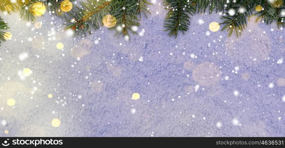 new year background on snow. christmas card or new year snowy glittering background with fir-tree branches