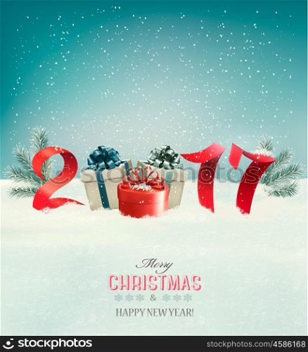 New Year background with a 2017 and gift boxes. Vector.