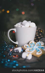 New Year card - cup of coffee and marshmallows. gingerbread and Christmas decorations