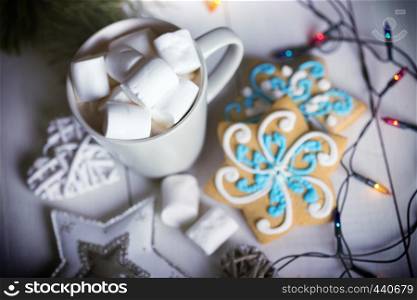 New Year card - cup of coffee and marshmallows. gingerbread and Christmas decorations