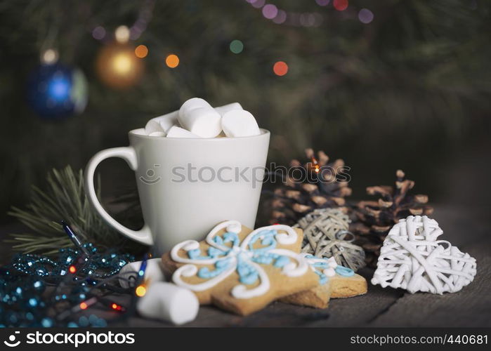 New Year card - cup of coffee and marshmallows. gingerbread and Christmas decorations