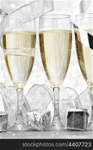New year card with Champagne and decoration close-up