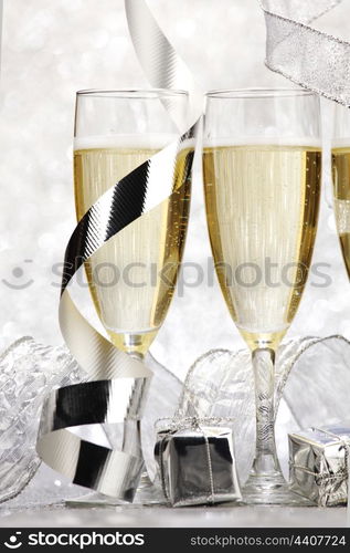 New year card with Champagne and decoration close-up