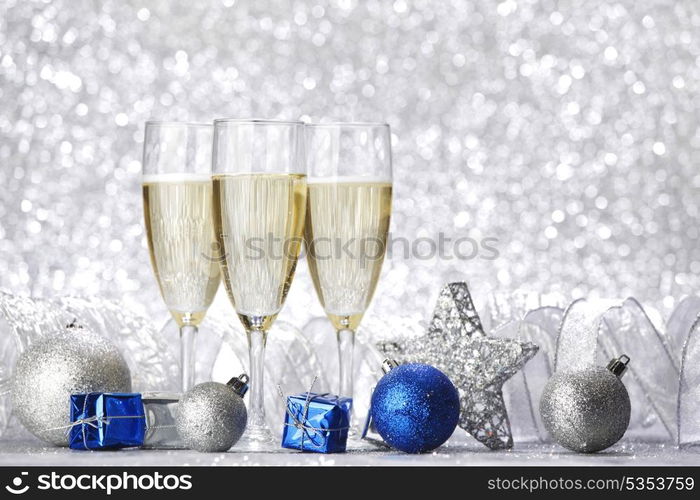 New year card with Champagne and decoration close-up