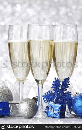 New year card with Champagne and decoration close-up