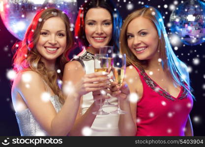 new year, celebration, friends, bachelorette party, birthday concept - three beautiful woman in evening dresses with champagne glasses