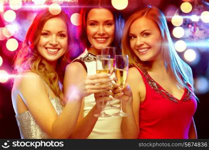 new year, celebration, friends, bachelorette party, birthday concept - three beautiful woman in evening dresses with champagne glasses