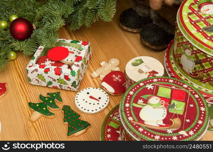 New Year Christmas cookies with Christmas decorations and boots. New Year&rsquo;s and Christmas