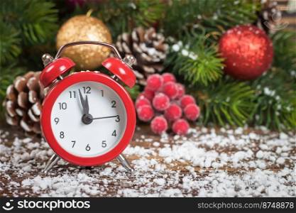 New Year clock and fir branch with red rowan, snow, balls and decoration on brown wooden background. Christmas clock and fir branch