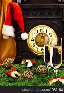 New Year Composition With Old Clock, Champagne, Santa Hat, Fir And Decorations. New Year