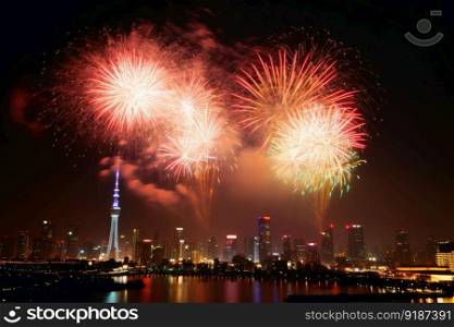New year fireworks in the city background created with generative AI technology