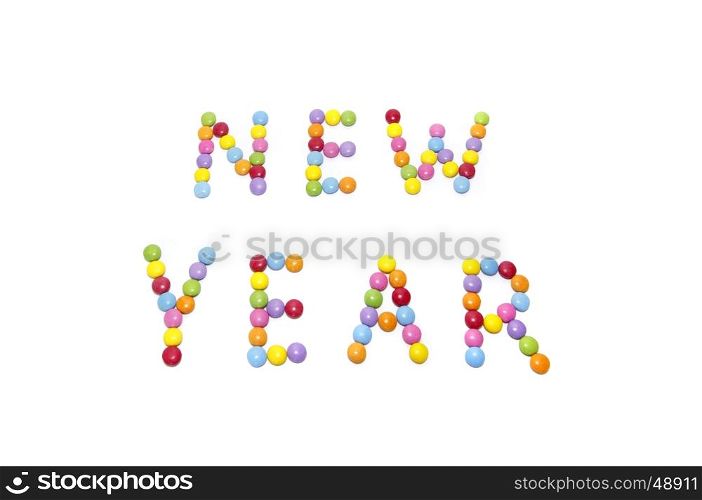 ""New Year" from multicolored sweets candy isolated on white background"