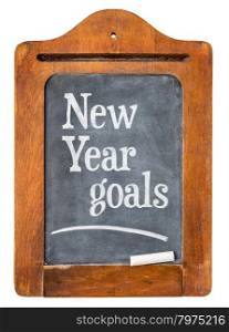 New Year goals on a small vintage slate blackboard in rustic wooden frame