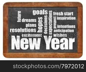 New Year goals. plans and expectations - a word cloud on a vintage slate blackboard