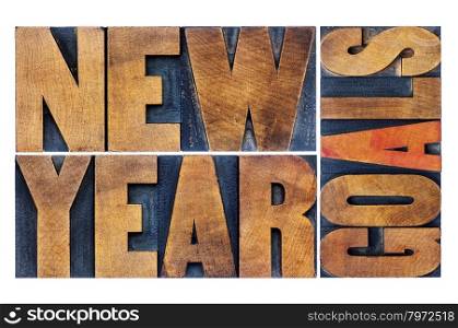 New Year goals - resolution concept - isolated word abstrtact in letterpress wood type printing blocks stained by color inks