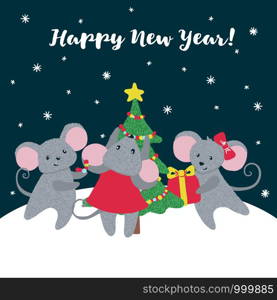 New Year greeting card with cute Mice and Christmas tree. Zodiac rat of 2020 chinese year. Vector illustration.. New Year greeting card with cute Mice.