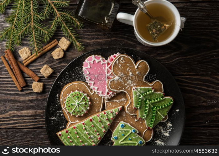 New year homemade gingerbread. New year homemade gingerbreads with tea