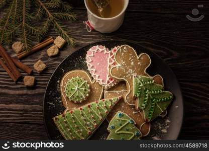 New year homemade gingerbread. New year homemade gingerbreads with tea