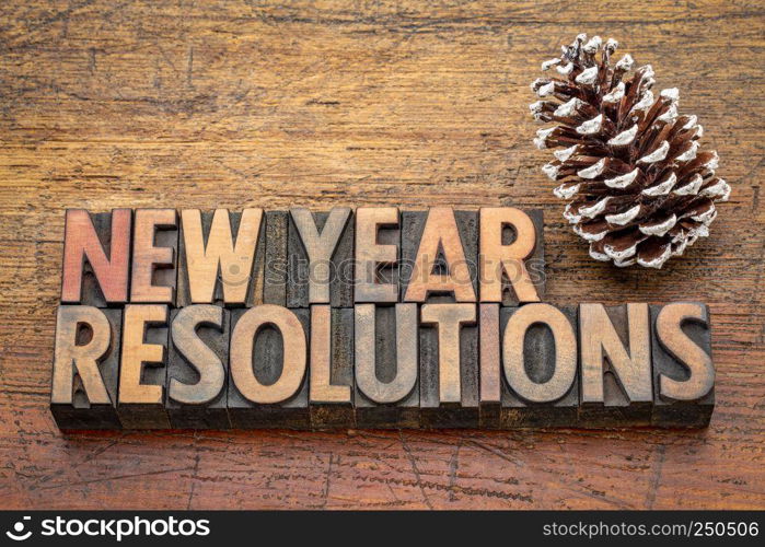 New Year resolutions word abstract in vintage letterpress wood type again rustic wooden board with a pine cone