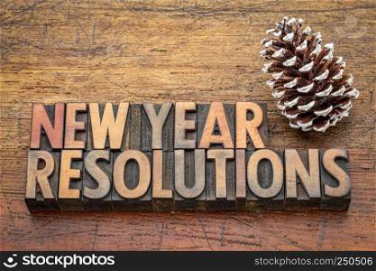 New Year resolutions word abstract in vintage letterpress wood type again rustic wooden board with a pine cone