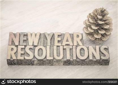 New Year resolutions word abstract in vintage letterpress wood type blocks with a pine cone, a photo with digital charcoal painting effect