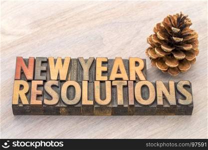 New Year resolutions word abstract in vintage letterpress wood type blocks with a pine cone