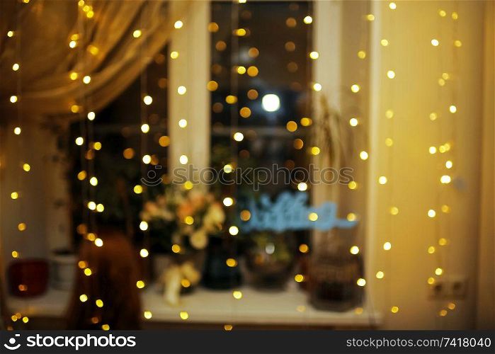 New Year&rsquo;s interior with lights bokeh