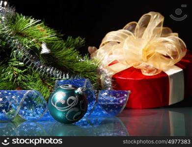 New Year&rsquo;s still life. New Year&rsquo;s still life. Decorations and ribbons on a bright color background