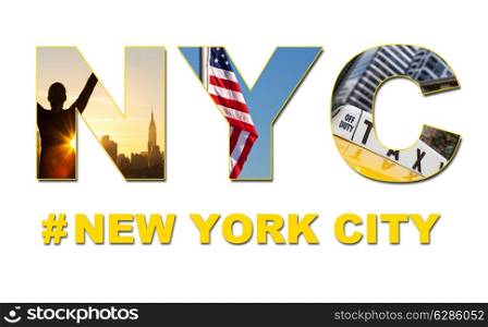 New York City America travel & tourist montage, The Empire State Building, skyline, yellow taxi cab, stars and stripes flag, hashtag and NYC