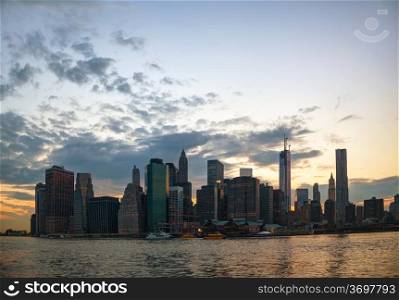 New York City cityscape in the evening at sunset