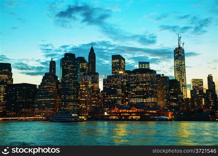 New York City cityscape in the evening at sunset