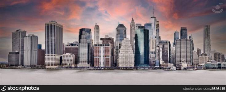 New York City downtown skyline panoramic sunset view, United States of America