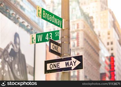 New York City green street signs midtown at day. New York City green street signs midtown