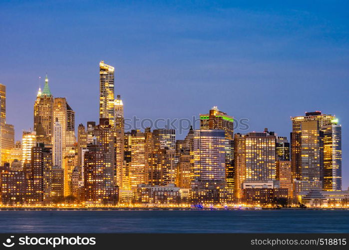 New York city Manhattan skyline cityscape at dusk from New Jersey.