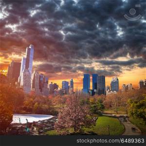 New York City Manhattan Skyline, U.S.A. colorful sunset. night, the starry sky and the moon shine.. New York City Manhattan Skyline, U.S.A.