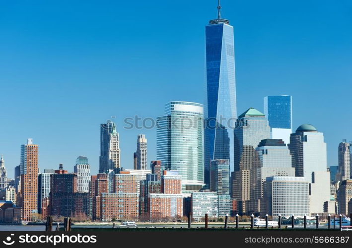 New York City Manhattan skyline with One World Trade Center Tower (AKA Freedom Tower) over Hudson River viewed from New Jersey