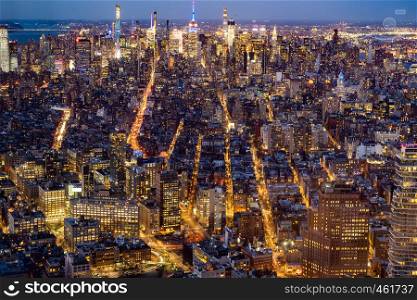 New York city Mid town Skylines cityscape from Manhattan at dusk.