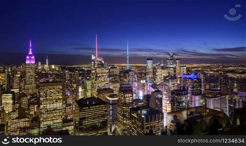 NEW YORK CITY, NY - FEBRUARY, 03: Amazing panorama view of New York city skyline and skyscraper at sunset on February 03, 2020 in New York City.