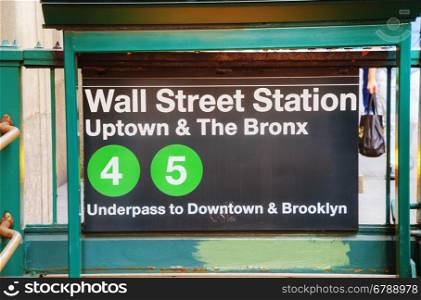 NEW YORK CITY - SEPTEMBER 3: Wall Street subway sign on September 3, 2015 in New York City.