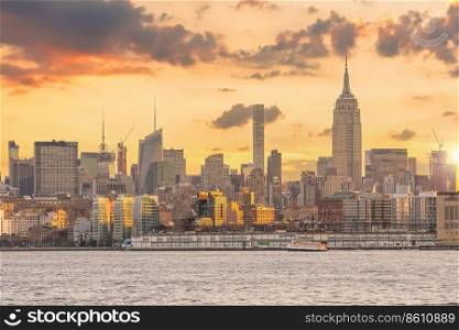 New York City skyline cityscape of Manhattan in USA at sunset