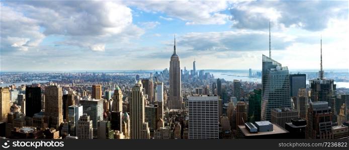 New York City skyline in afternoon before sun set. Panoramic image.. New York City skyline