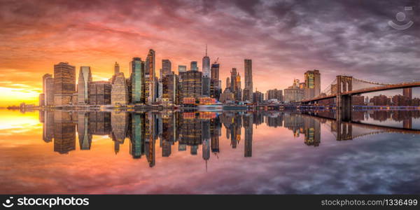 New York City skyline with skyscrapers at sunset