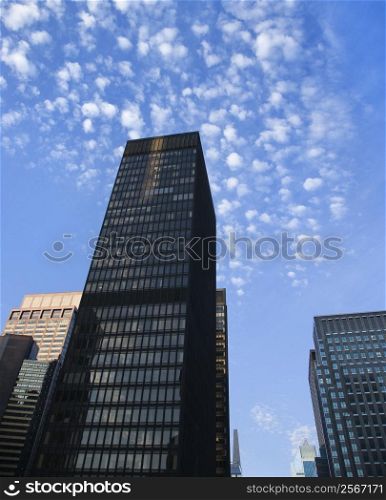 New York City skyscrapers with blue sky in background.