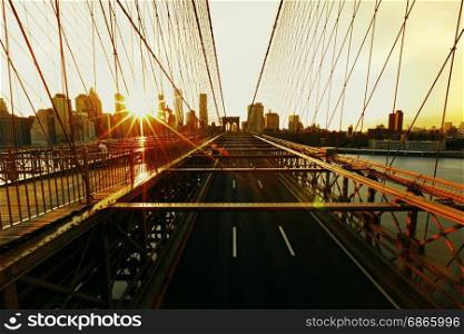 New York City, USA-July 16.2017: View of Brooklyn Bridge, one of the oldest bridges in the United States. Started in 1869 and completed 14 years later in 1883.