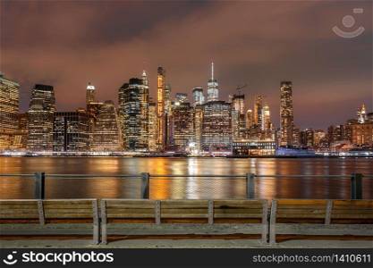 New York Cityscape beside the east river at the night time, USA downtown, Architecture and building, Famous landmarks in New York city, USA or United States of America, Travel and Tourism concept