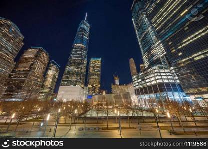 New York Cityscape with 911 memorial at twilight time, United States of America, USA, Architecture and building with history tourist concept,
