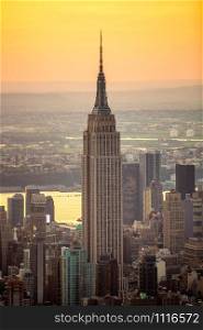 New York, NY / USA - August 07 2018: Empire State Building aerial view