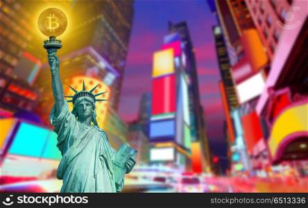 New york skyline with liberty holding bitcoin. New york skyline with liberty holding bitcoin concept photomount