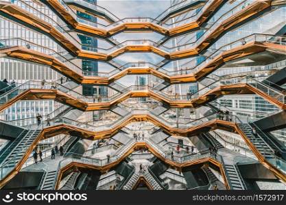 New York, USA - APR 2019 : Undefined various tourists are visiting the new york&rsquo;s newest landmark on April 2, 2019,USA. Vessel is a public structure and opened on March 15, 2019