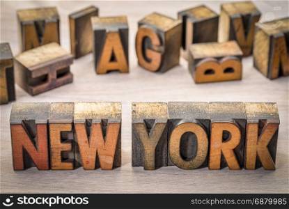 New York word abstract in vintage letterpress wood type printing blocks